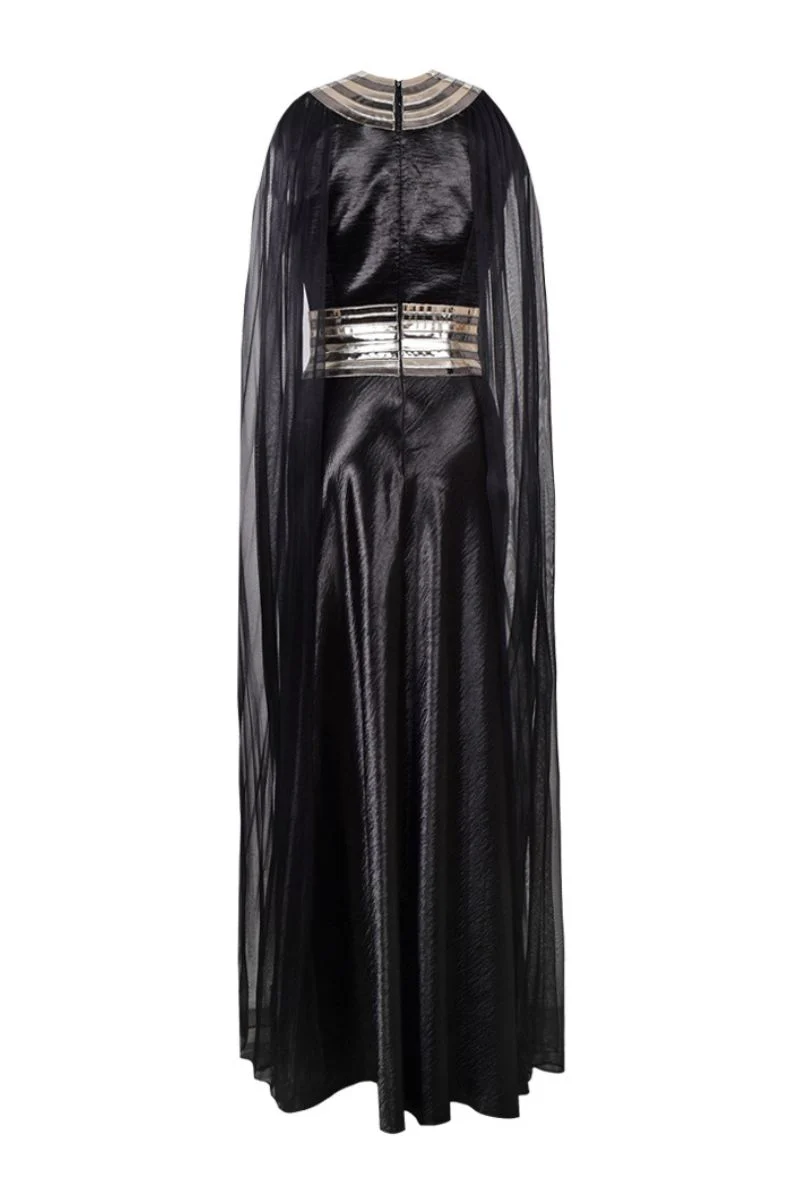 BLACK FALL-PANELLED TEXTURED SATIN GOWN - Image 4
