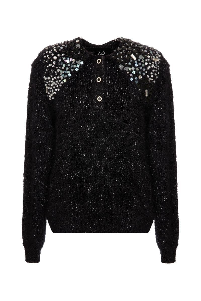 BLACK WOOL-BLEND SWEATER WITH COLLAR DETAILING - Image 3