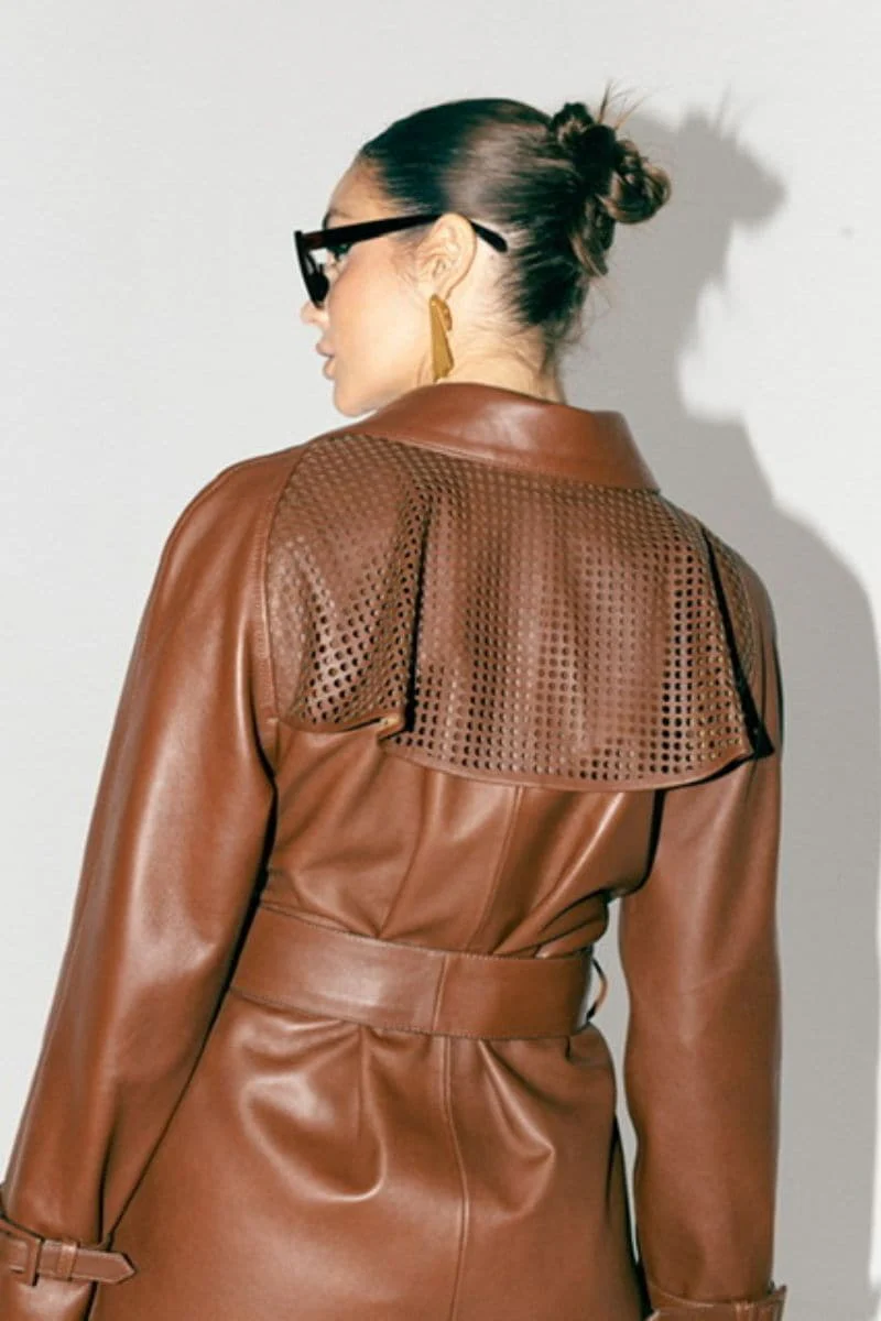 EBONY CAMEL LONG LEATHER COAT - Image 4