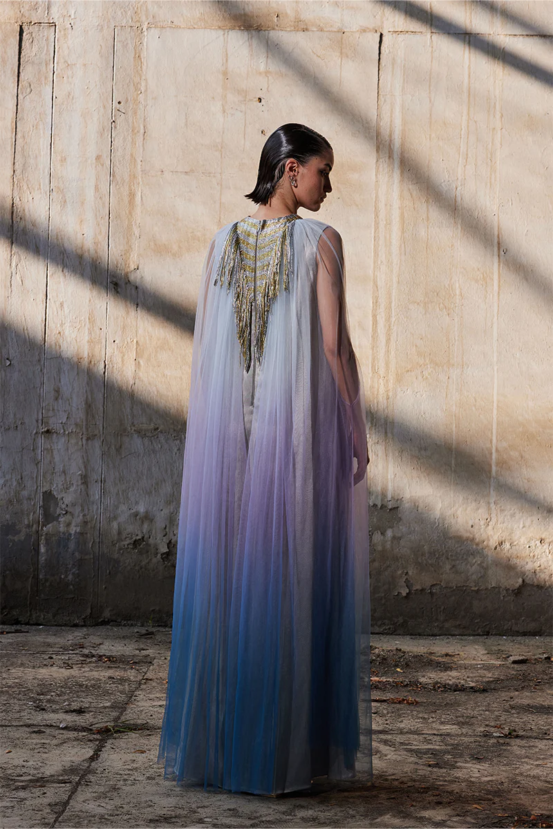 SILVER TRIANGULAR METALLIC TULLE KAFTAN - Image 3